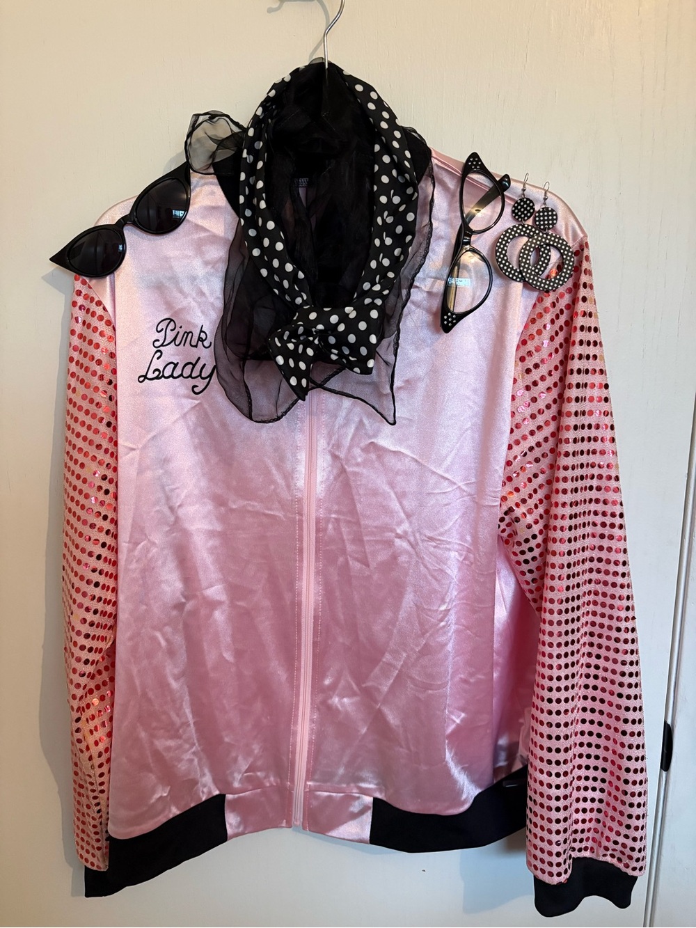 Pink Lady Grease Costume Jacket Set Pink Sequin Polka Dot Scarf and accessories
